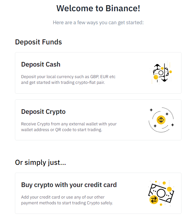 Úvodní obrazovka Binance po registraci