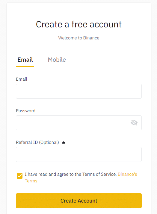 Vytvoření nového účtu na Binance